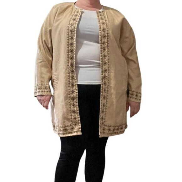 Vintage David Dart Linen Tan Long Jacket Embroidered Duster Pockets Womens 1X - Picture 1 of 4